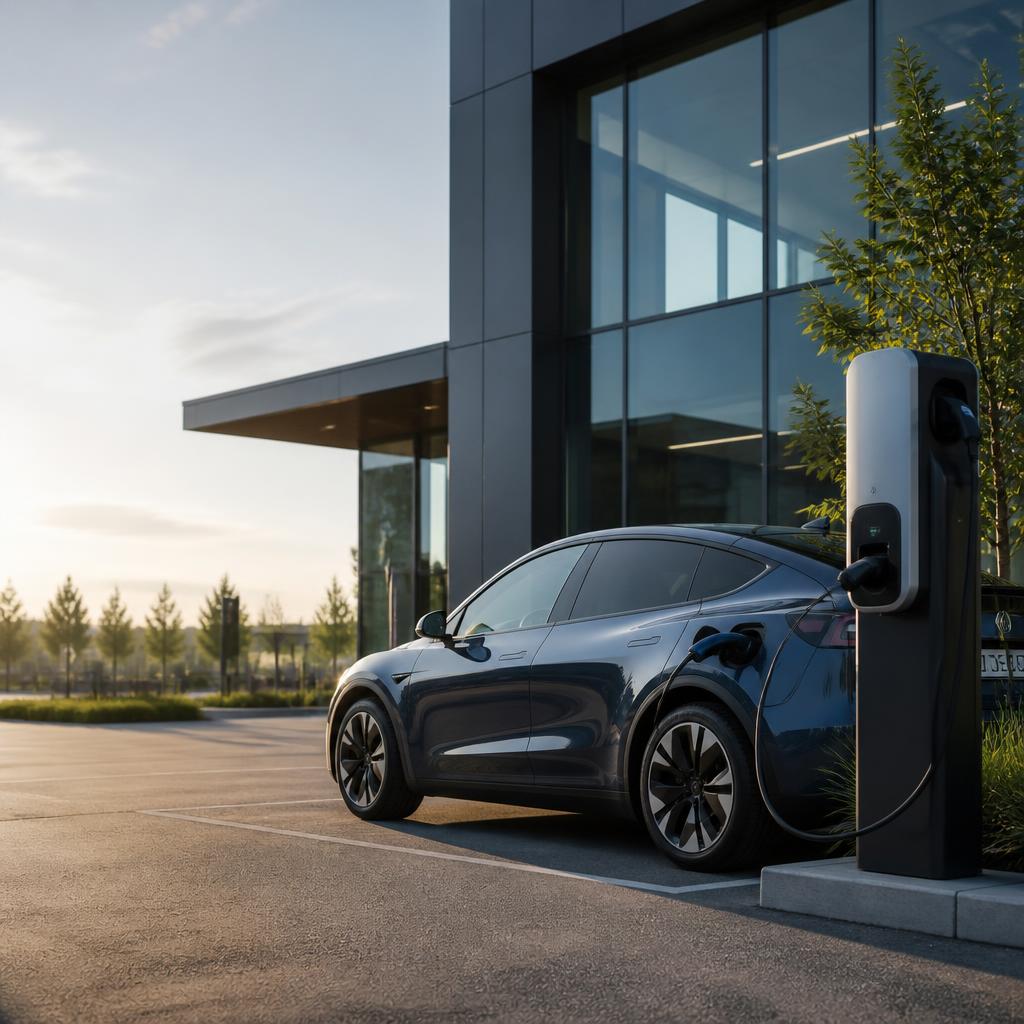 Electric vehicle charging outside a contemporary commercial property at dusk