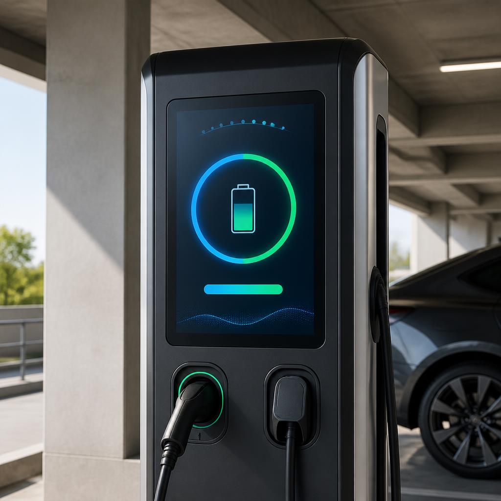 Close view of an EV charging unit with a brightly illuminated screen