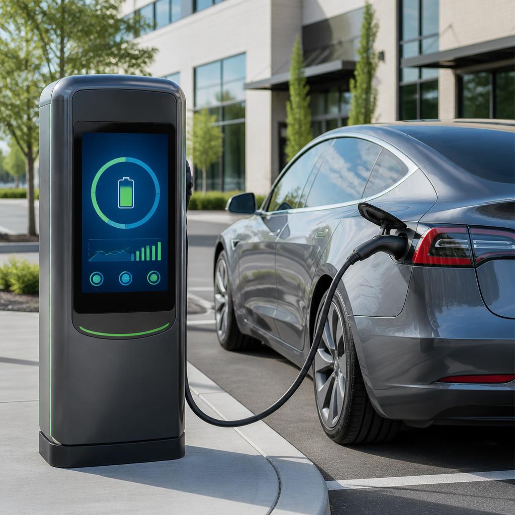 An EV charger with its illuminated screen beside a parked car at an office property